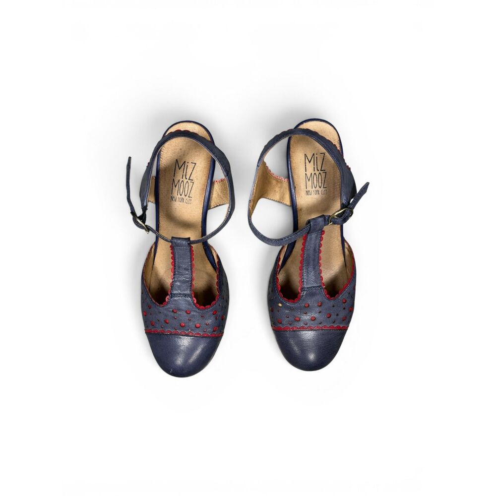 Miz Mooz Nico T-Strap Heels 7 / 37.5 Blue Red Perforated Leather Mary Jane Pumps - Picture 7 of 9